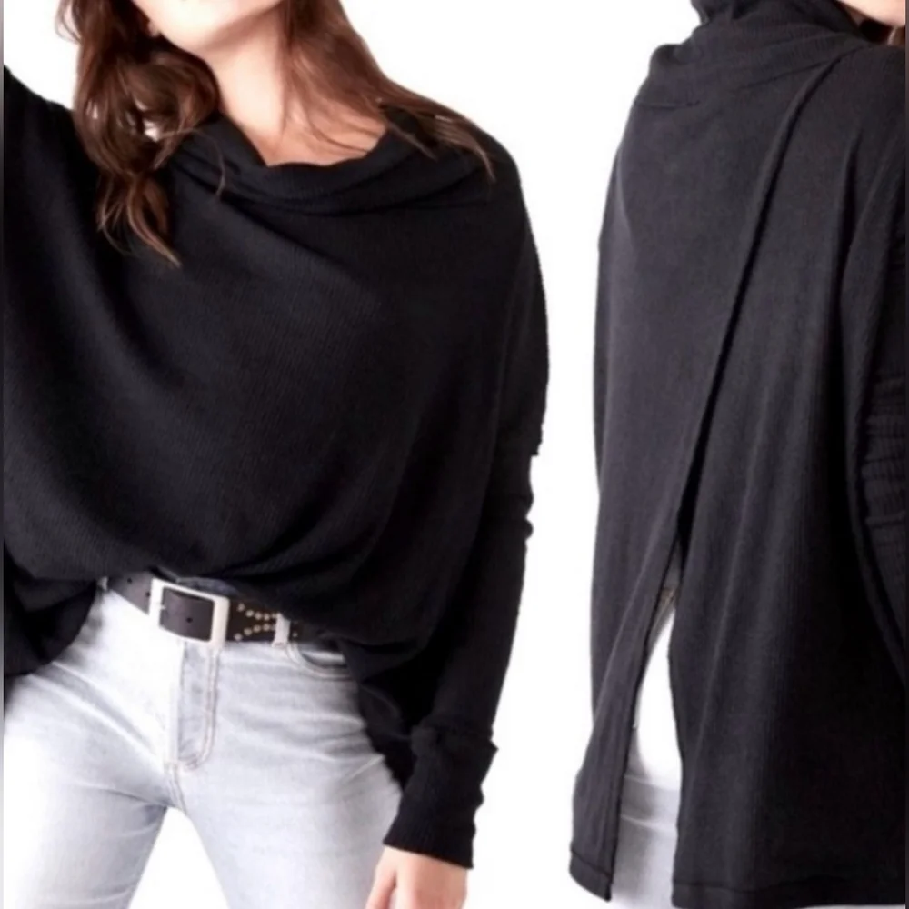Free people Juicy Long Sleeve Waffle Knit Top Split Back in Black Small